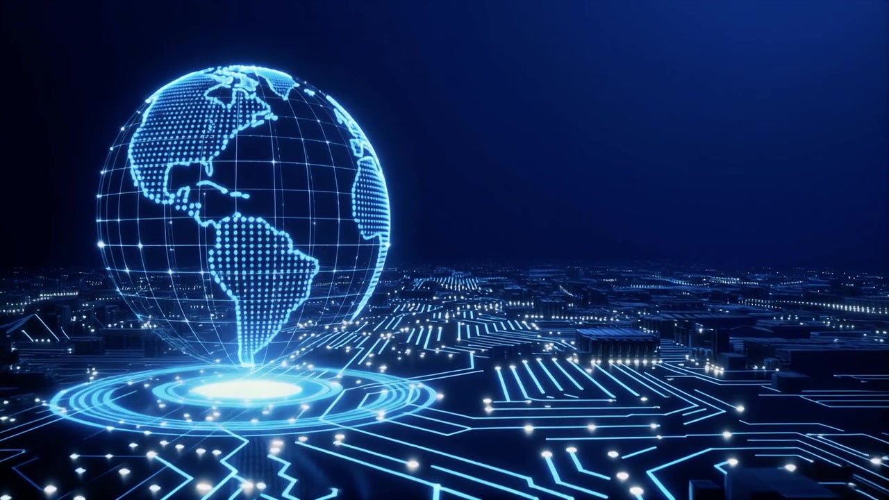 Digital globus hologram roterer over futuristisk printplade