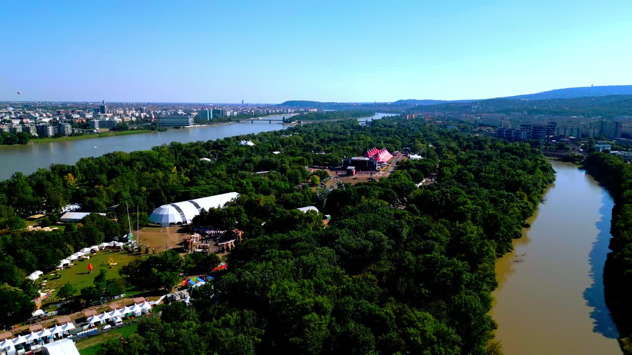 Stage And Tents At Sziget Festival In &Oacute;buda Island, Budapest, Hungary - aerial shot