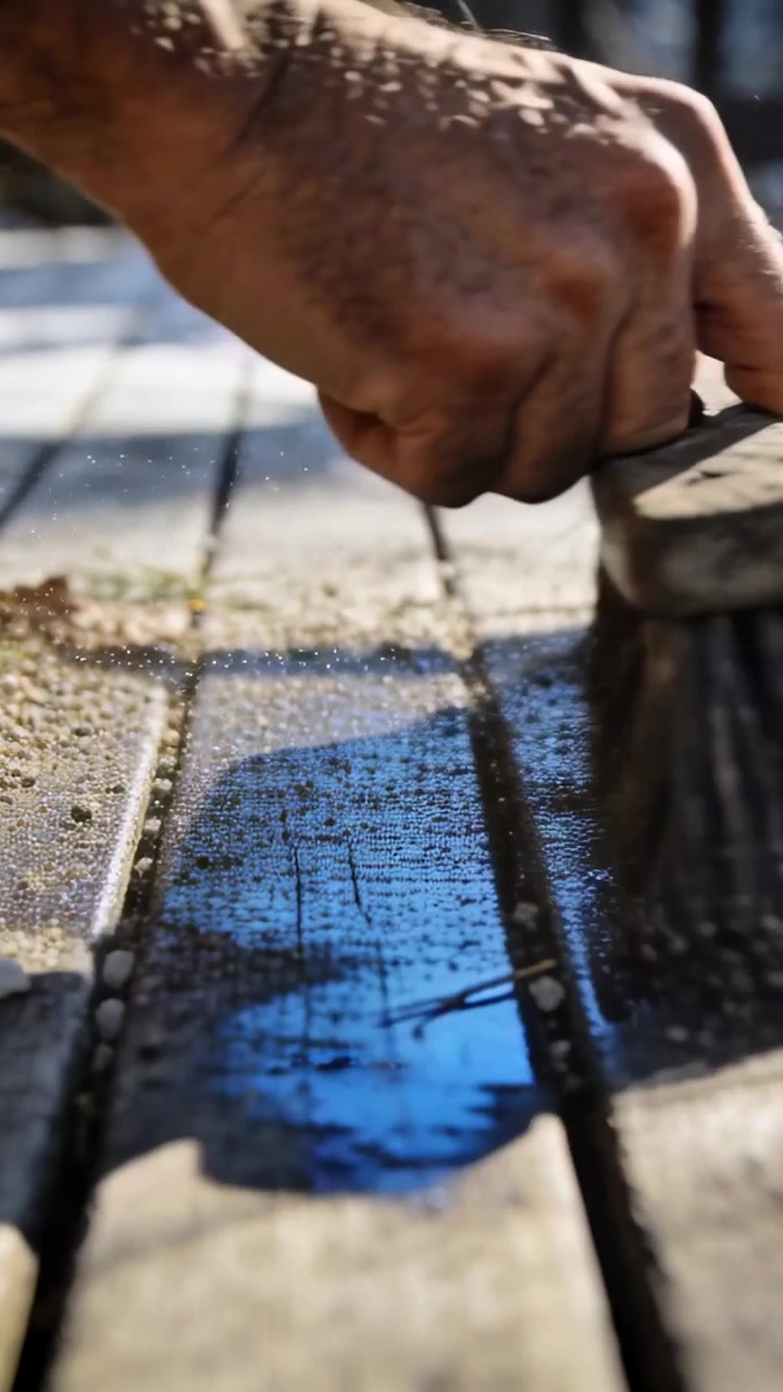 Vertical video: Spotting pebbles, hand scrubbing deck with scrub brush, clearing puddle and grit