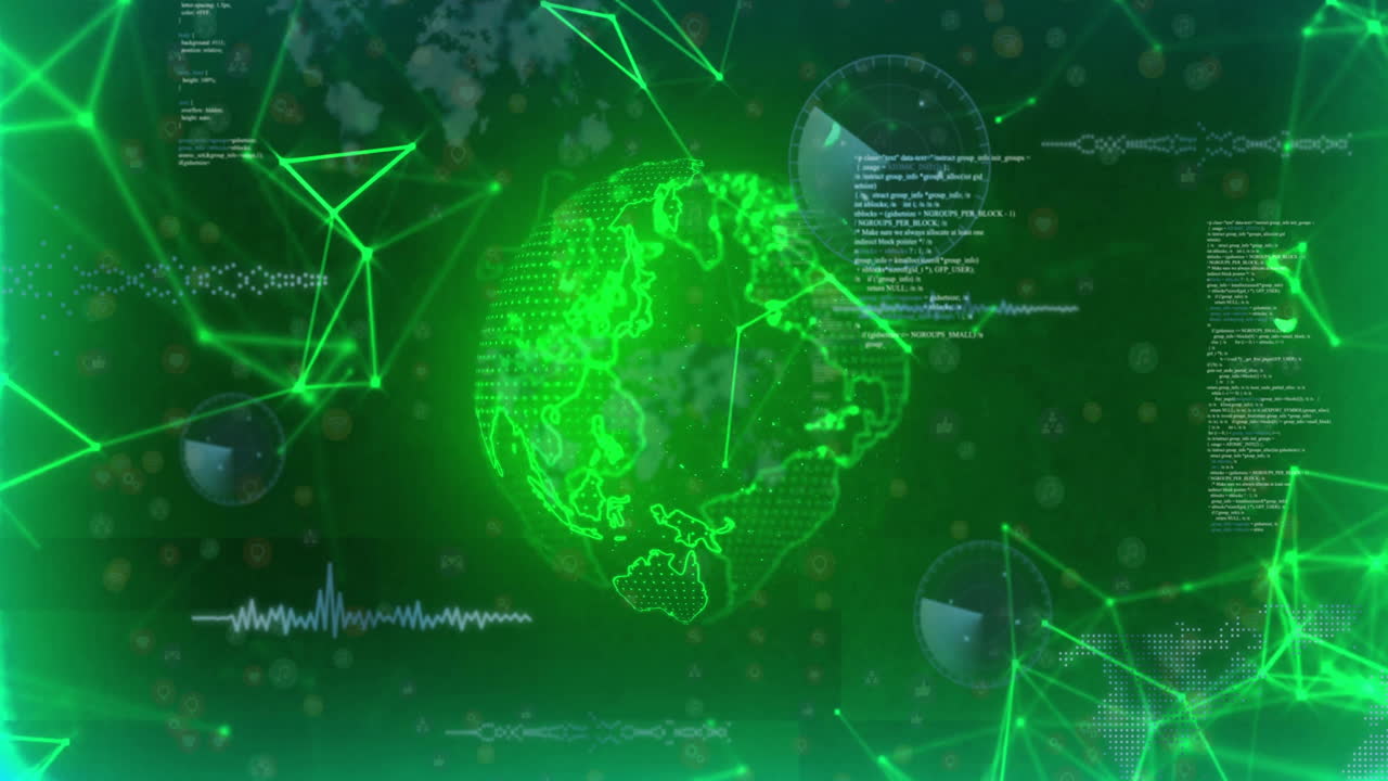 animación del globo y procesamiento de datos a través de una red de conexiones