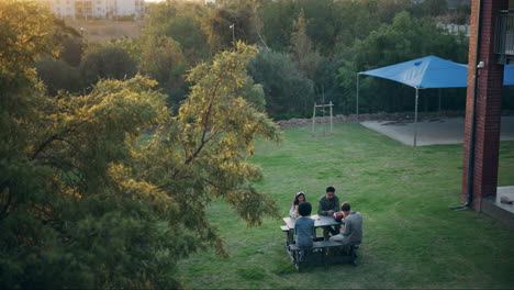 people sitting at a picnic table on the lawn