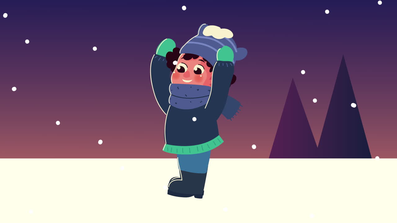 niño pequeño con ropa de invierno en la escena nocturna del paisaje de nieve