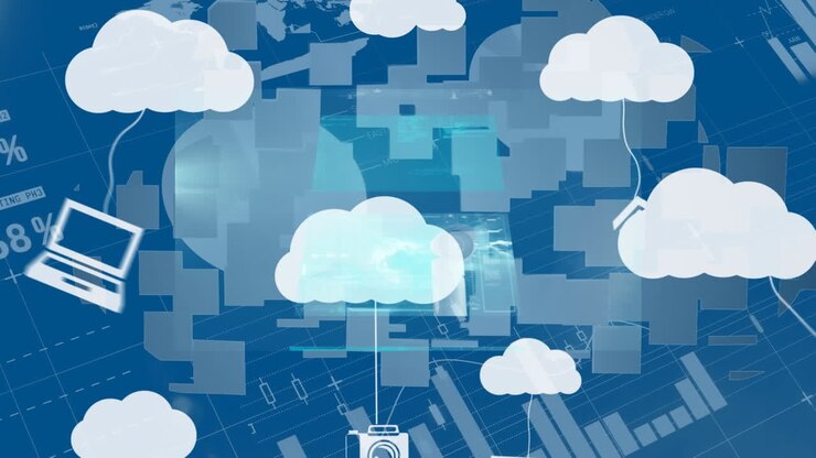 Animation of clouds with icons over graph and data processing