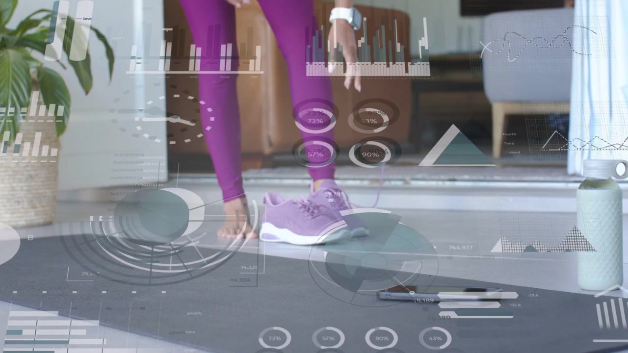 Woman preparing for fitness workout tying purple shoes on mat, HUD highlighting watch and phone
