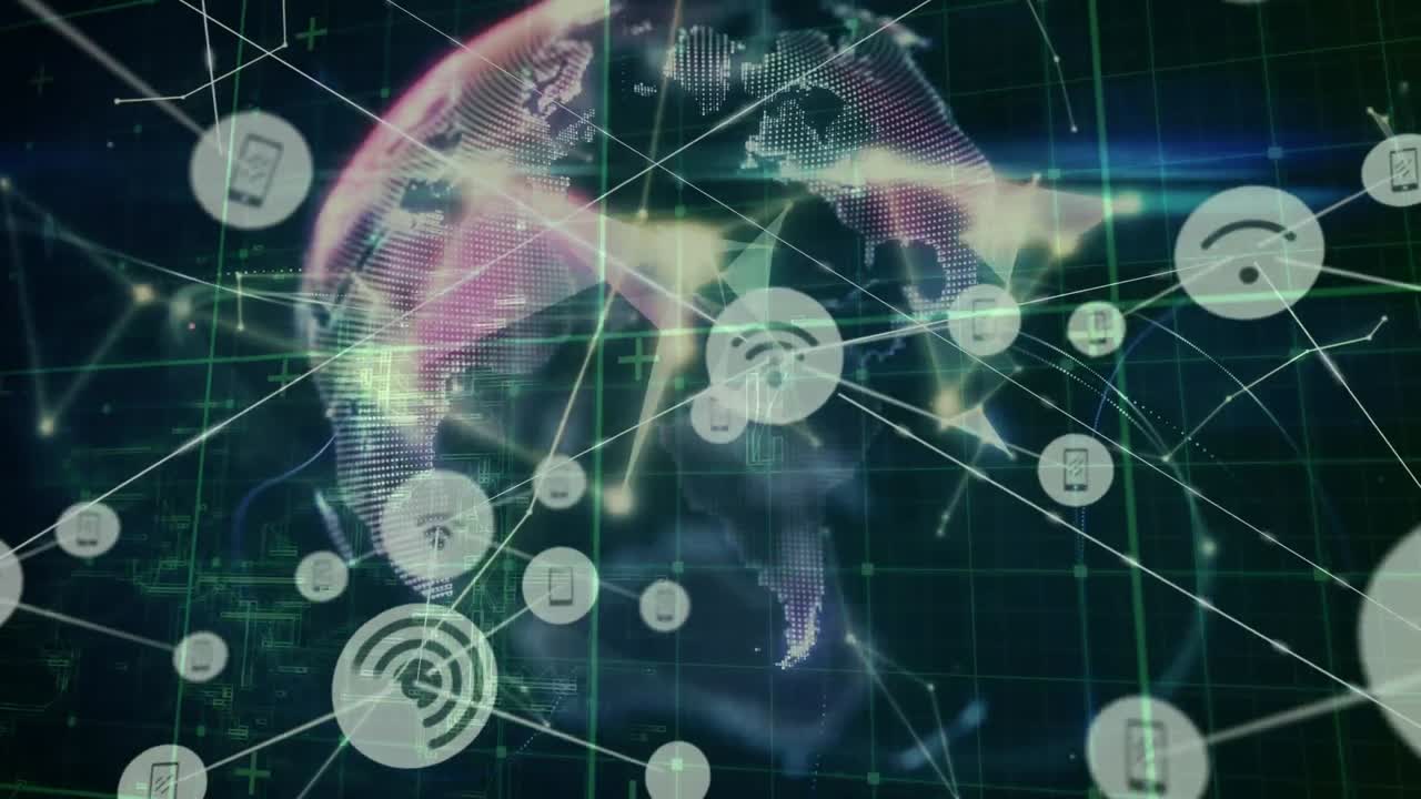 검은색 배경 위에 데이터 처리 및 연결 네트워크와 함께 지구의 애니메이션