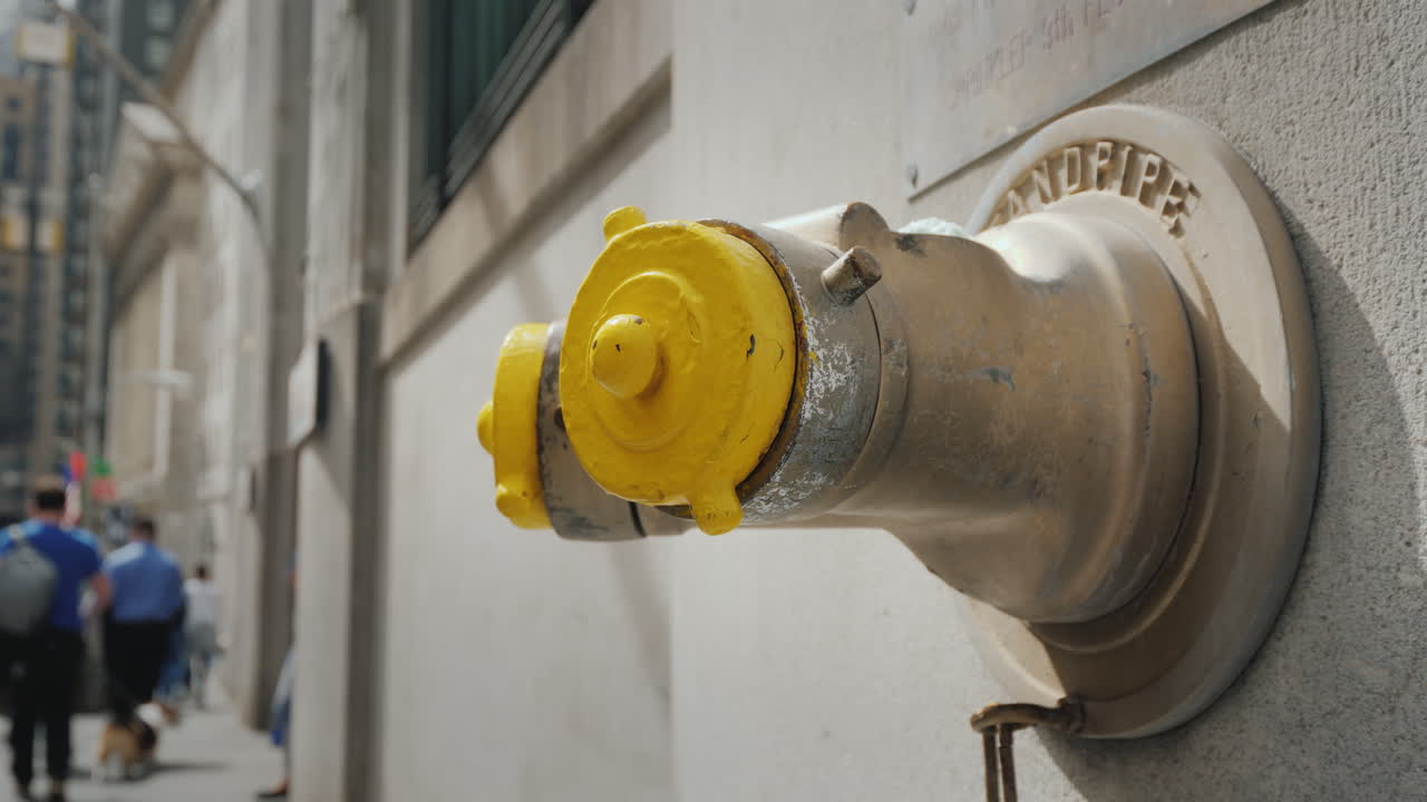 뉴욕 월스트리트의 건물 벽에 있는 소화전