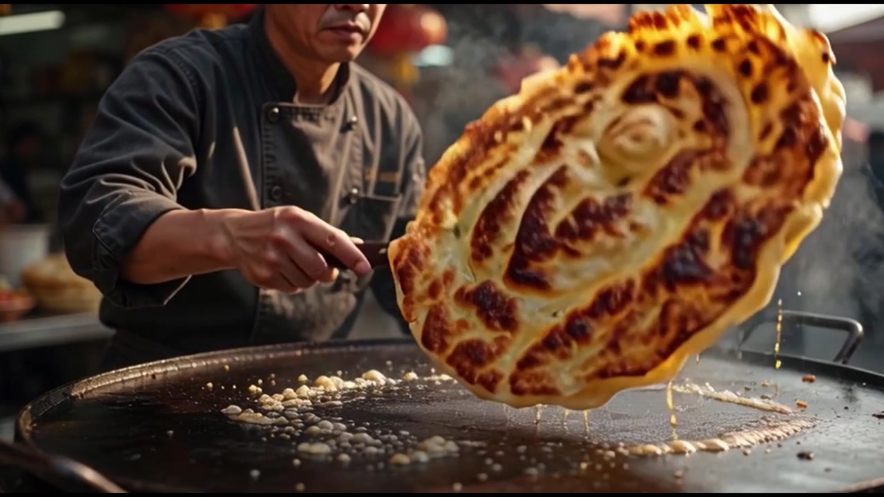 Katukeittiömyyjä valmistamassa perinteistä leipää suurella paistolevyllä