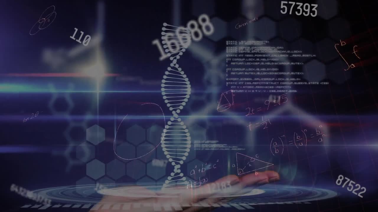 dna 가닥의 애니메이션과 과학적 데이터 처리