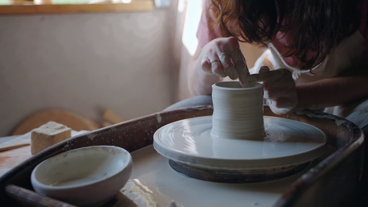 도자기 바 에 세라 컵 을 형성 하는 여자
