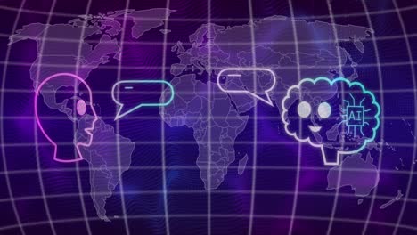 Animación-Del-Procesamiento-De-Datos-De-IA-Con-íconos-De-Chat-Y-Mapa-Mundial