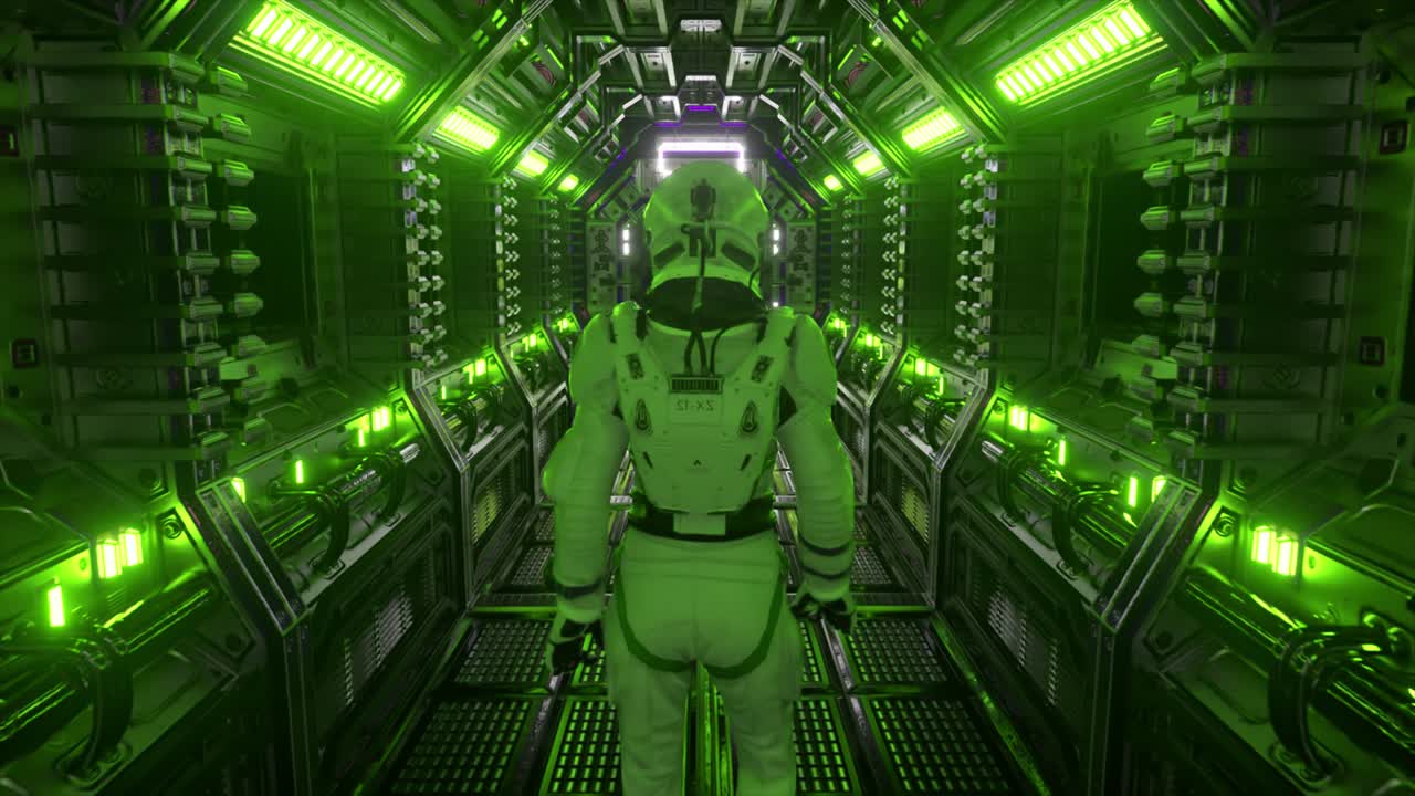 astronauta caminando en el túnel de la nave espacial, corredor del transbordador de ciencia ficción. tecnología abstracta futurista. tecnología y concepto futuro. luz parpadeante. animación 3d