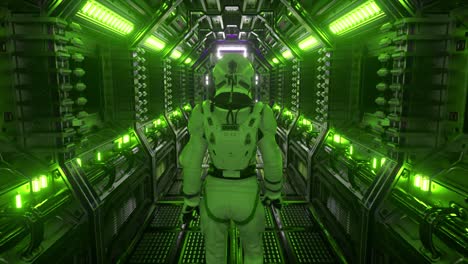 astronaut walking in spaceship tunnel, sci-fi shuttle corridor. futuristic abstract technology. technology and future concept. flashing light. 3d animation