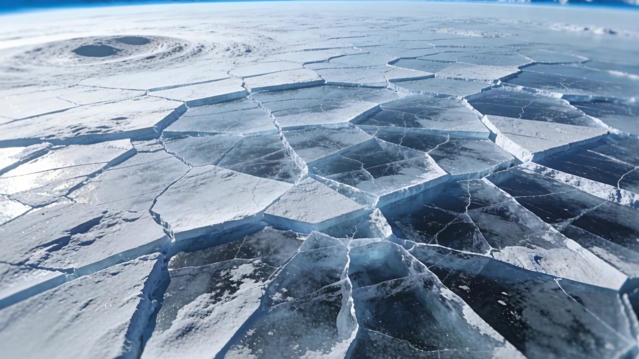 Gliding drone starting forward glide and panning right over polar ice, revealing polygonal plates