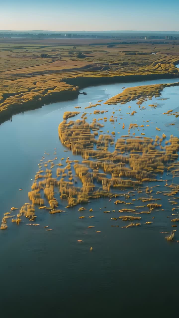 Video verticale: drone in movimento che segue un fiume sopra la palude, rivelando isole di canneti e una barca per lo studio