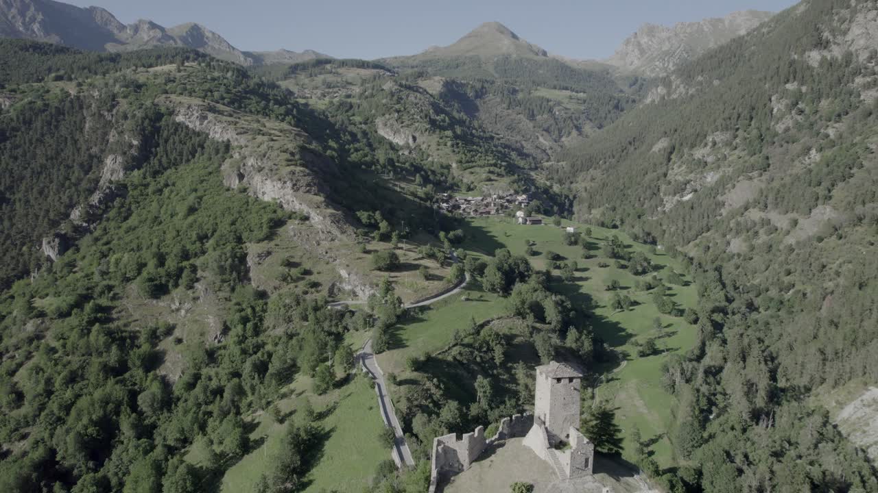 aerial video with drone over the cly castle in aosta valley italy