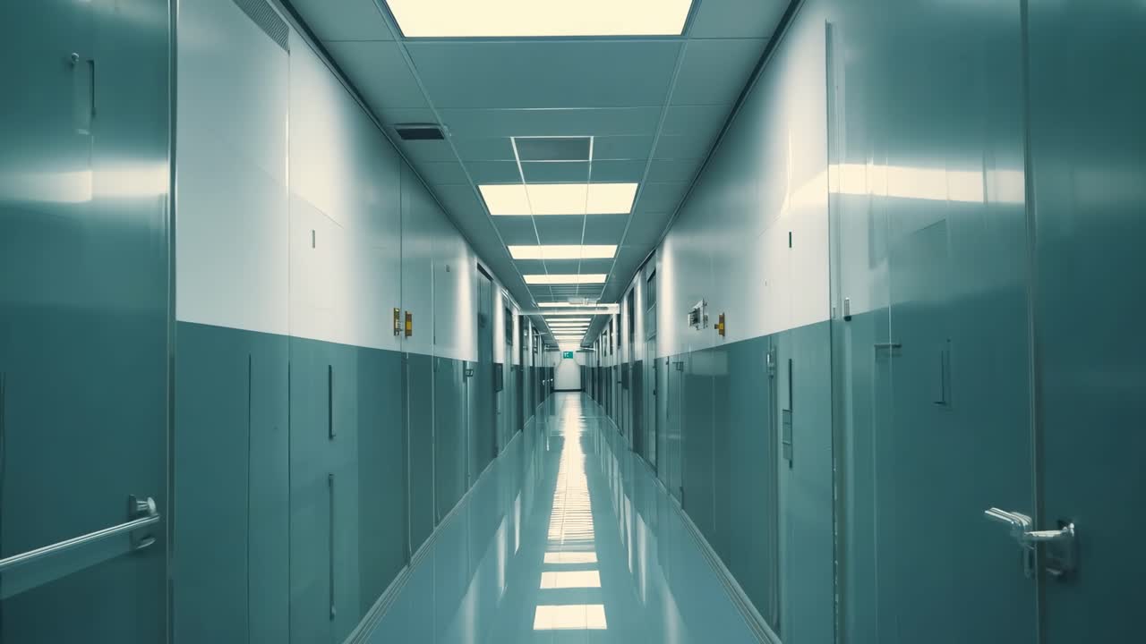 View of a long hospital corridor illuminated by bright overhead lights in a clean medical facility during daytime