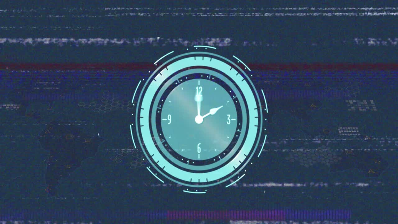 animación del reloj moviéndose rápidamente sobre la pantalla con glitch.