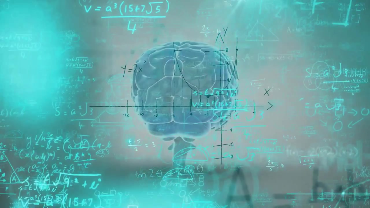 Semi-transparent 3D brain floating over gradient backdrop, showing glowing equations and axes
