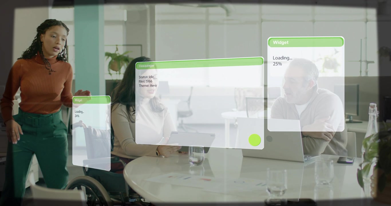 Seated woman tapping tablet causing business UI loading 24% peer pointing man watching for review