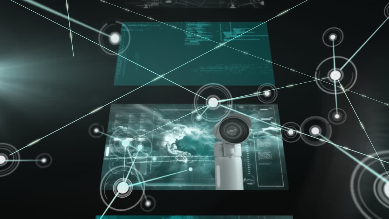 animación de la red de conexiones y procesamiento de datos sobre un fondo oscuro