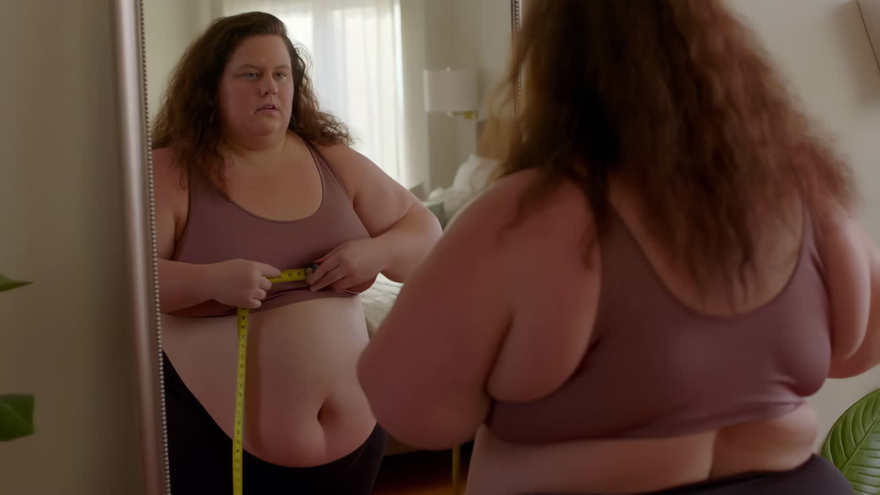 Overweight Woman Measuring Her Waist in Front of a Mirror