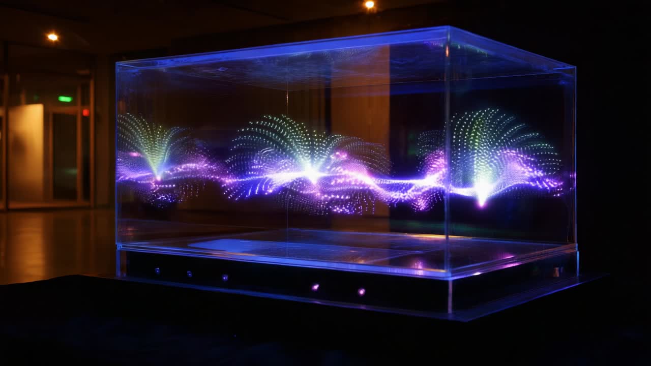 A Stunning Display of Light and Motion: Captivating Visual Effects Emerge from a Transparent Medium, Creating a Vibrant Dance of Colors and Shapes in a Darkened Environment