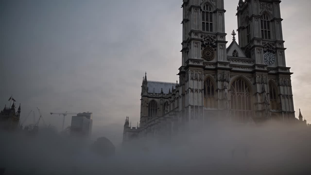 A low-angle video captures a Gothic cathedral shrouded in mist, creating a mysterious