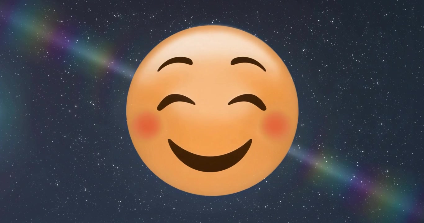 Emoji arancione rotonda che sfuma in un campo stellare, generando bagliori dell'obiettivo che fluttuano dietro per un'atmosfera cosmica