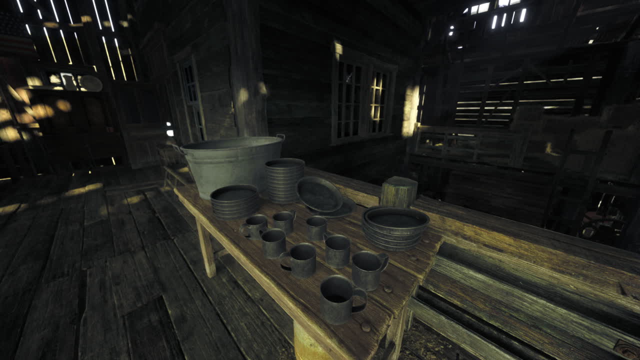 Rustic crafts displayed on a wooden table inside a dimly lit workshop