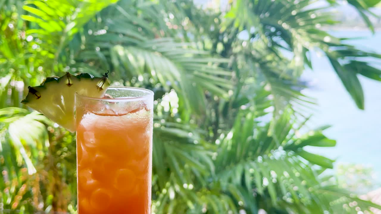 Orange cocktail in tall glass, pineapple garnish, bright outdoor lighting, lush palm background, static shot