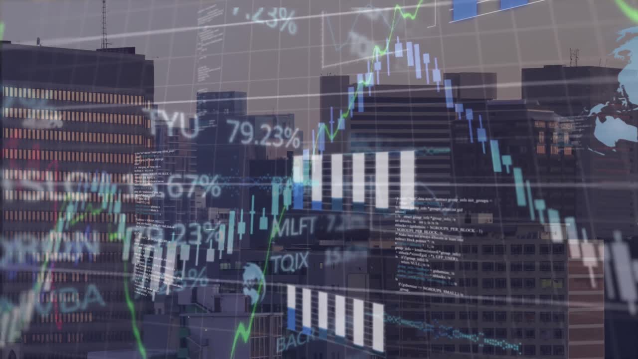 animación del procesamiento de datos estadísticos, financieros y bursátiles sobre una vista aérea del paisaje urbano