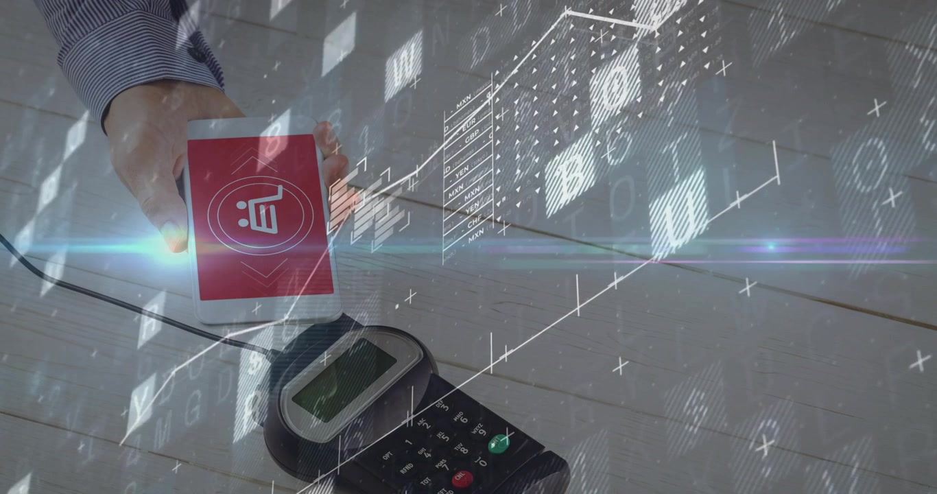 Hand holding red card over terminal, overlays fading, rising graph visualizing payment flow