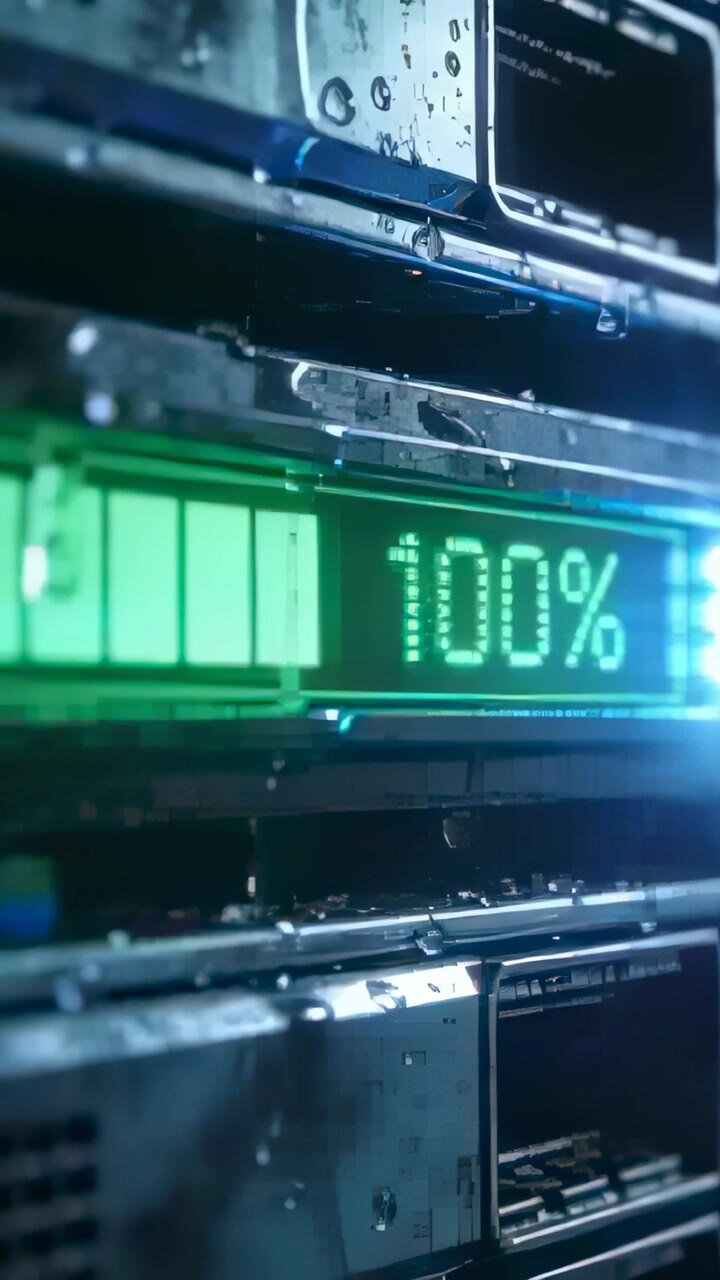 Vertical video: Pulling by gravity, green status bar shedding droplets on rack front, showing 100%