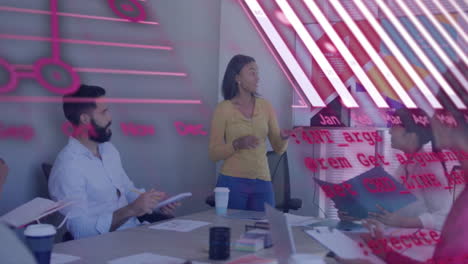 animation of financial data processing over diverse colleagues having meeting in office
