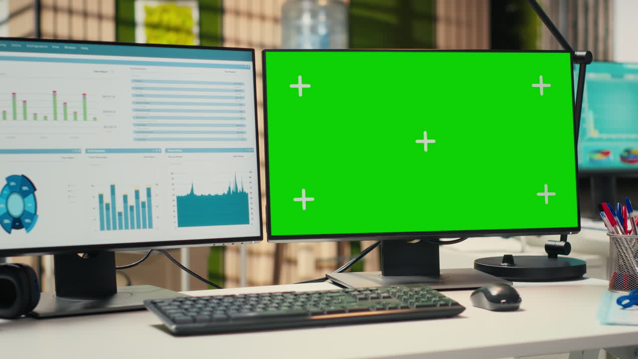 Empty company office features digital resources and mockup on monitor