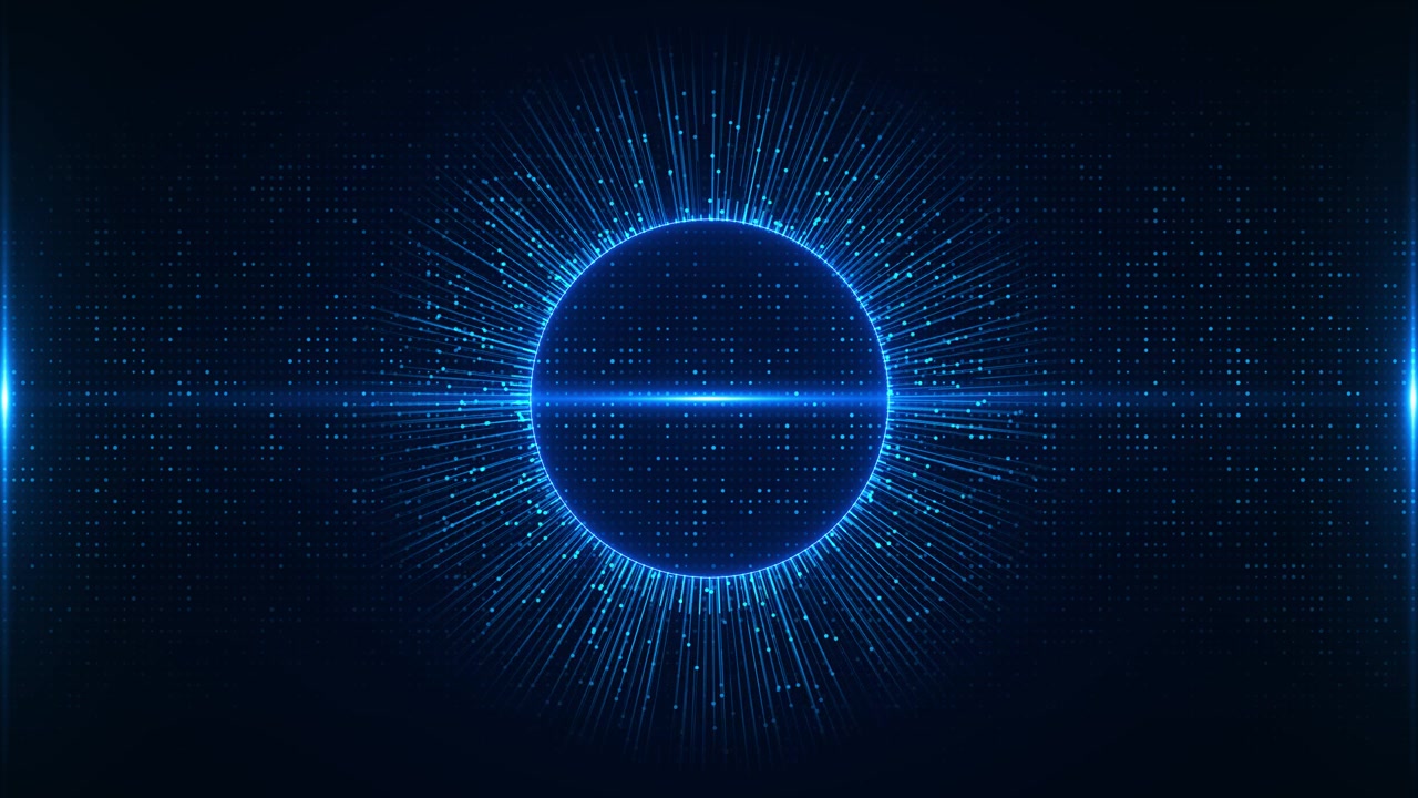 Blue digital eclipse background glowing circular rim radial data rays dotted matrix technology depth