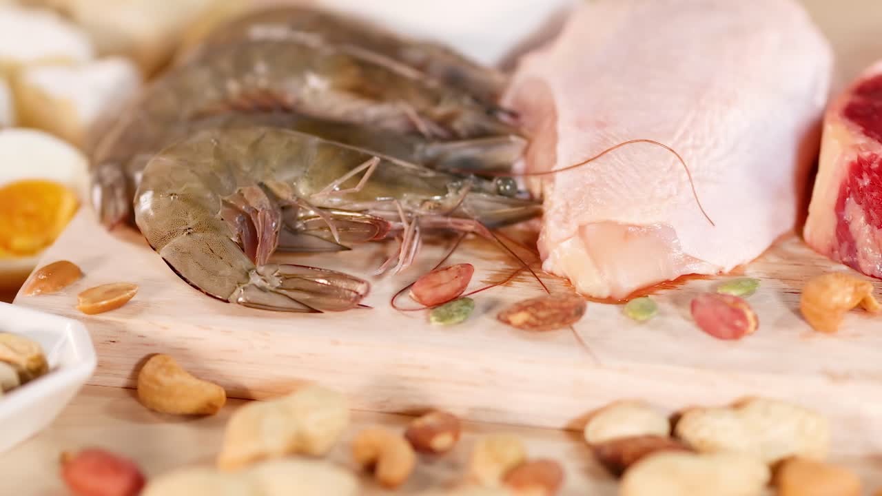 A close-up view of various proteins including shrimp, chicken, beef, nuts, and boiled eggs.