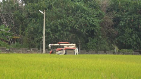 slow zoom out shot of cultivated rice paddy field, harvesting crops with multifunctional machine rice harvester tractor, reaping, threshing, and winnowing at douliu city, yunlin county, taiwan