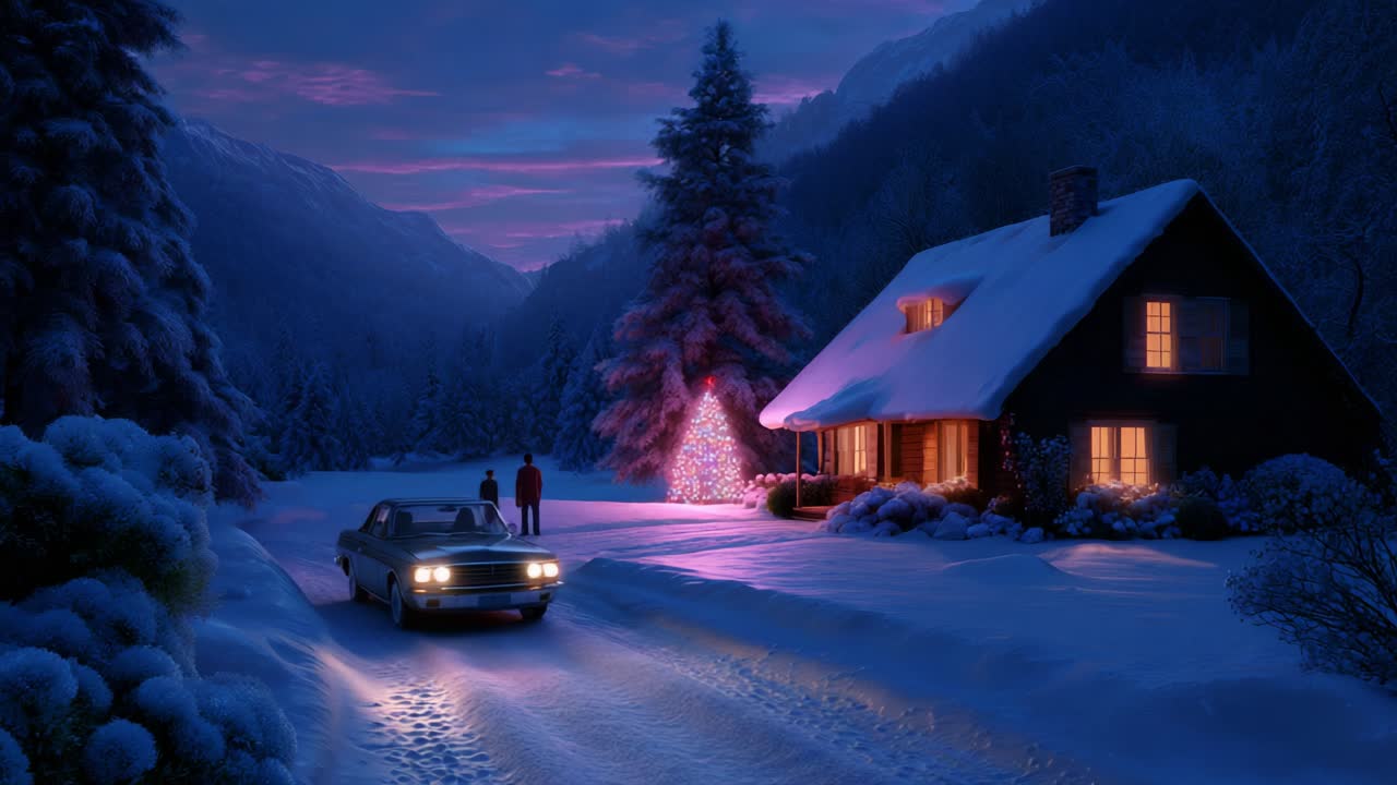 A serene winter evening scene featuring a cozy cabin adorned with a Christmas tree, glistening snow, and a picturesque landscape, inviting warmth and tranquility as twilight descends upon the snowy surroundings