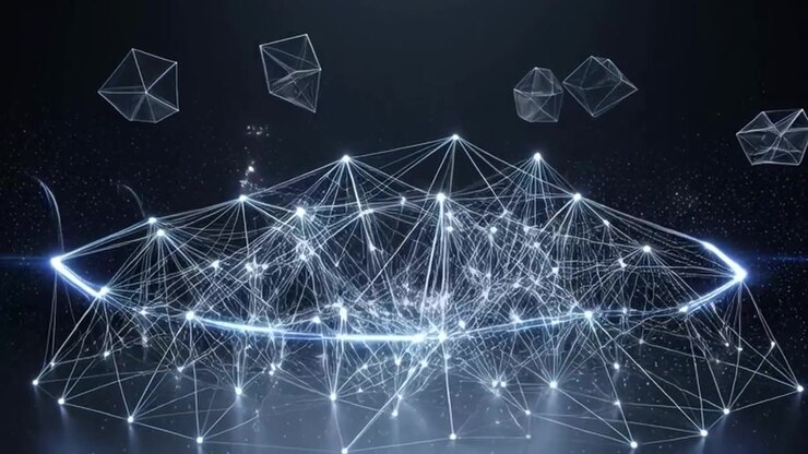 Abstract Digital Network Expanding with Floating Geometric Shapes