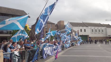 scottish protesters and their flags outside the perth concert hall where the tory leadership hustings is being held.