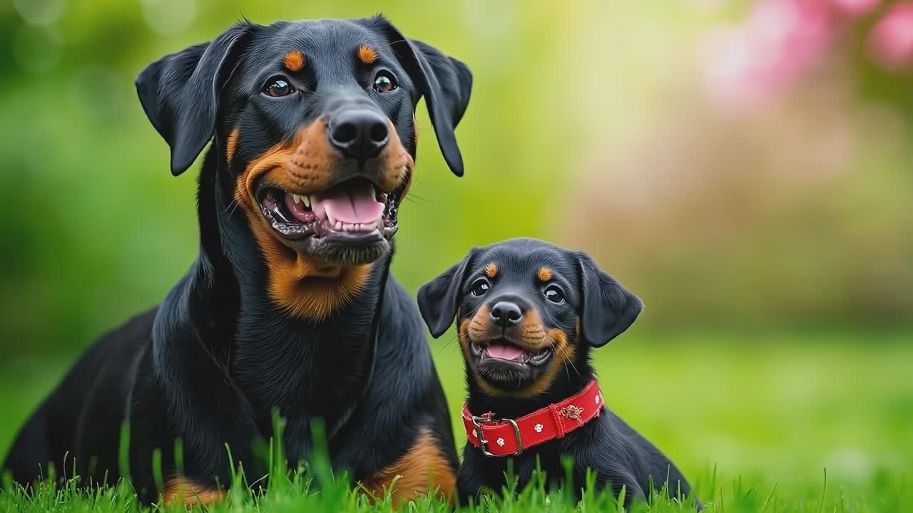 A couple of dogs laying on top of a lush green field