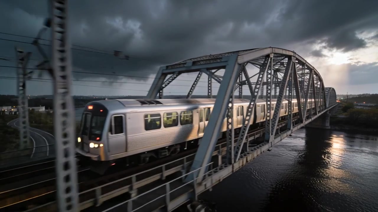 Vagone di testa che entra nel ponte, un treno elettrico argentato attraversa una campata a traliccio sopra un fiume, trasportando passeggeri.