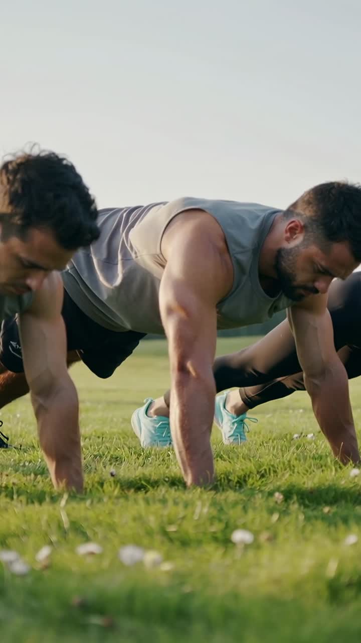 To mænd i ærmeløse toppe starter en høj planke og udfører skiftevis knætræk på græsset for fitness.