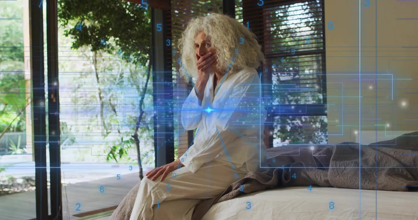 Senior woman sitting bed sun waking covering mouth gazing garden overlay centering torso health UI