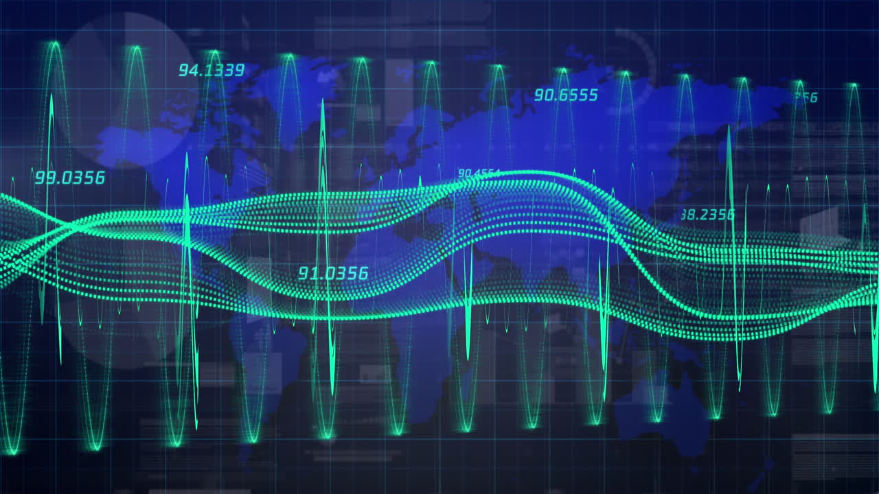 Animation of dots forming wave patterns and numbers over digital map