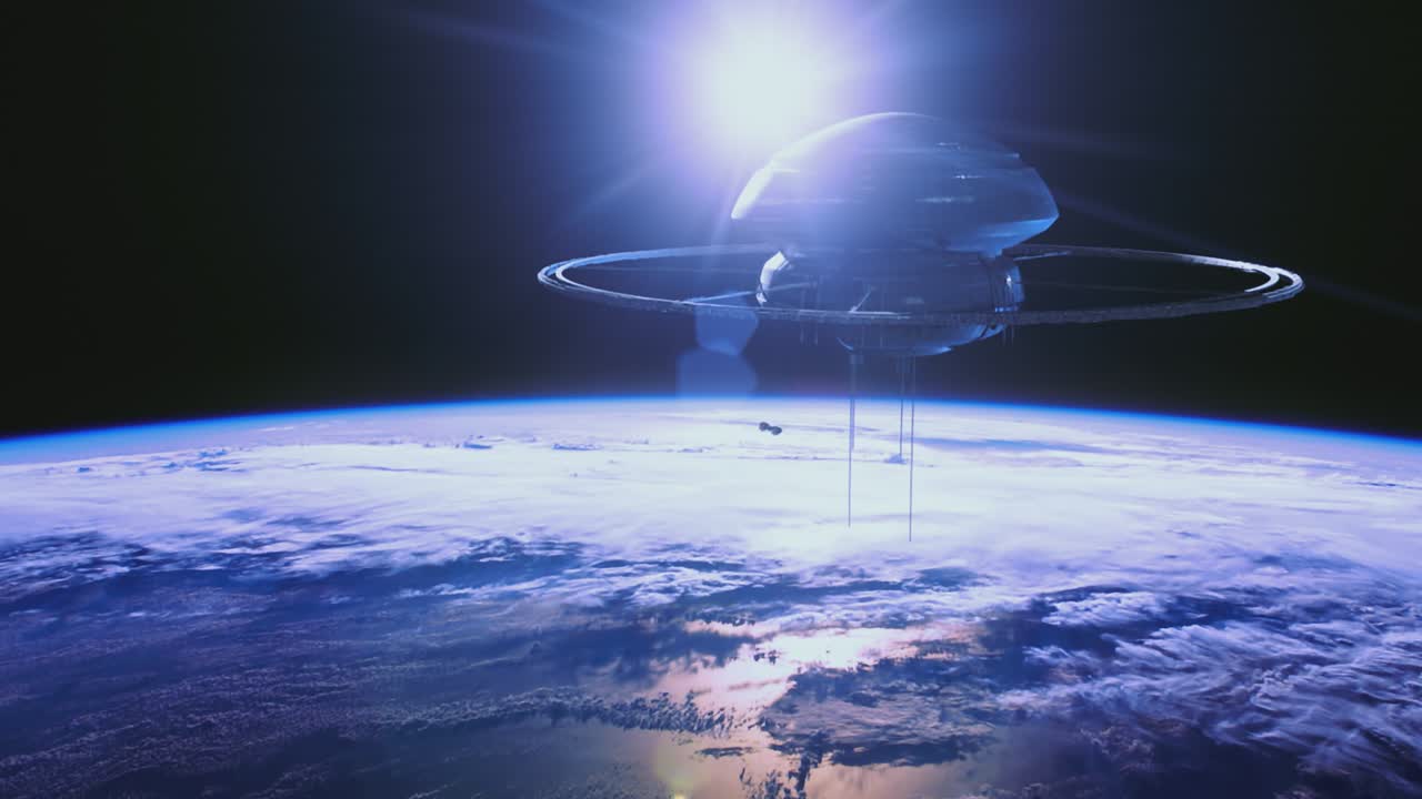 Spaceship flying towards a very big space station. Sci-fi cinematic shot.
