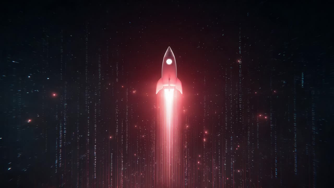 Stylized rocket ship flying through a dark, textured background with a powerful red glowing propulsion system, representing concepts of startup success, innovation, and technological advancement