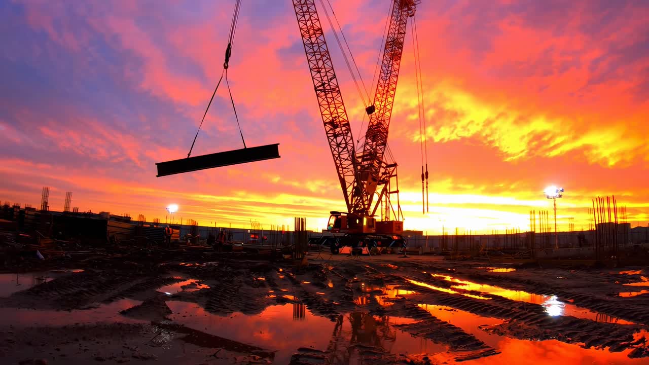 Sunset construction site with crane lifting beam, low-angle shot, vibrant colors, video style