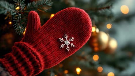 Cozy red mitten with snowflake design, surrounded by festive holiday decorations and warm lights